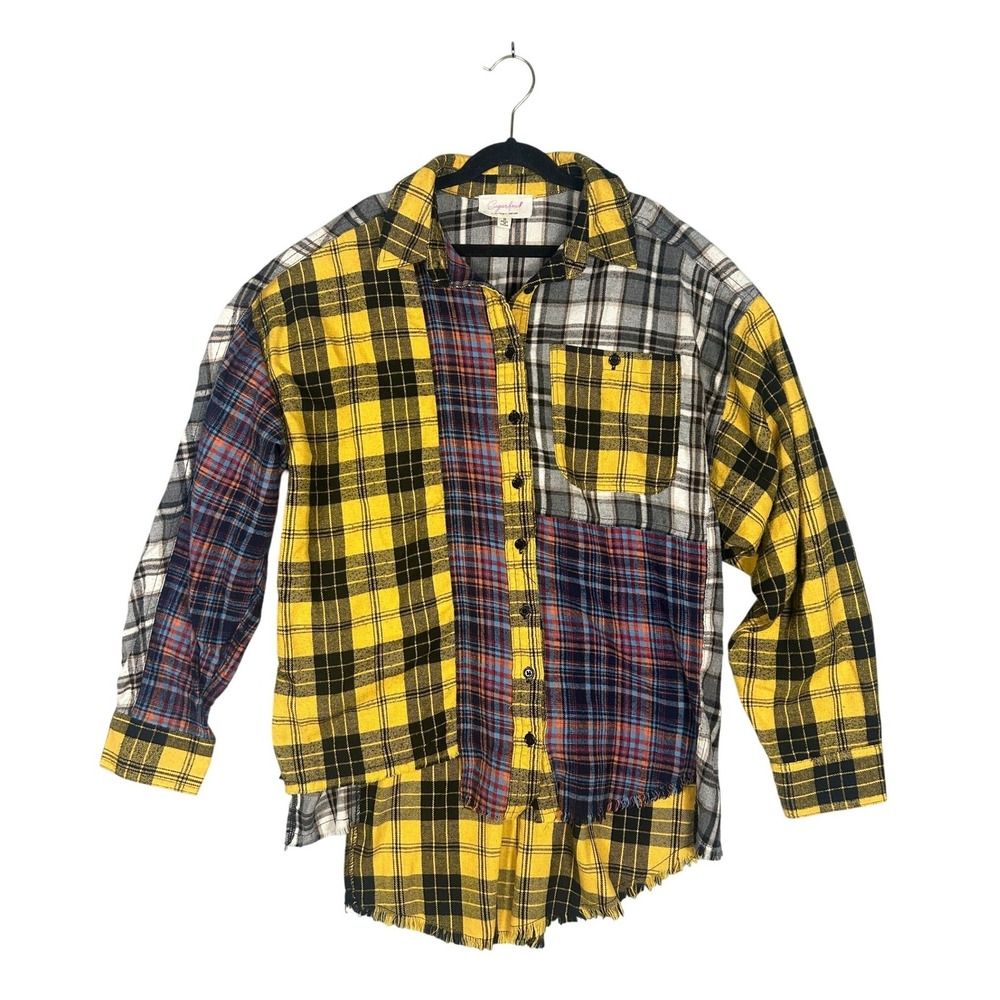 Patchwork Plaid Flannel Shirt Womens Small Grunge Raw Hem Button Up
